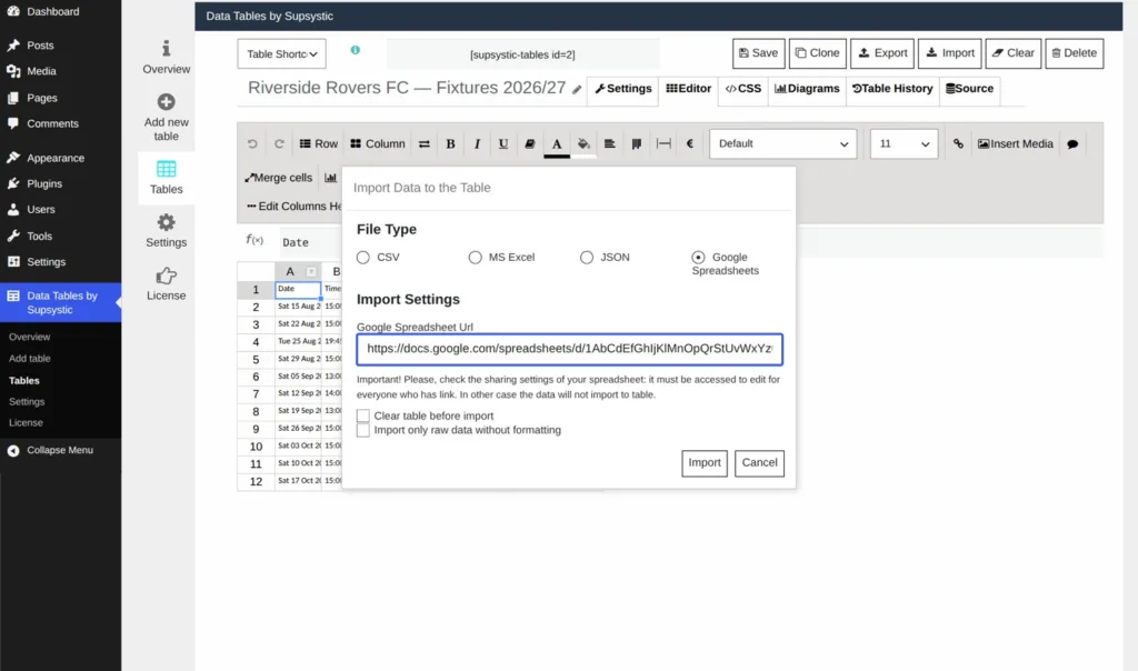 On the table, click Import ? File Type “Google Spreadsheets” ? paste your Google Sheet URL. On the table, click Import → File Type “Google Spreadsheets” → paste your Google Sheet URL.